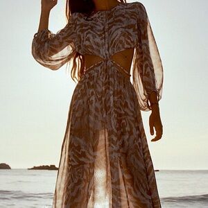 NEW ZARA Cut Out Printed Midi Dress with Balloon Sleeve in White & Camel XS